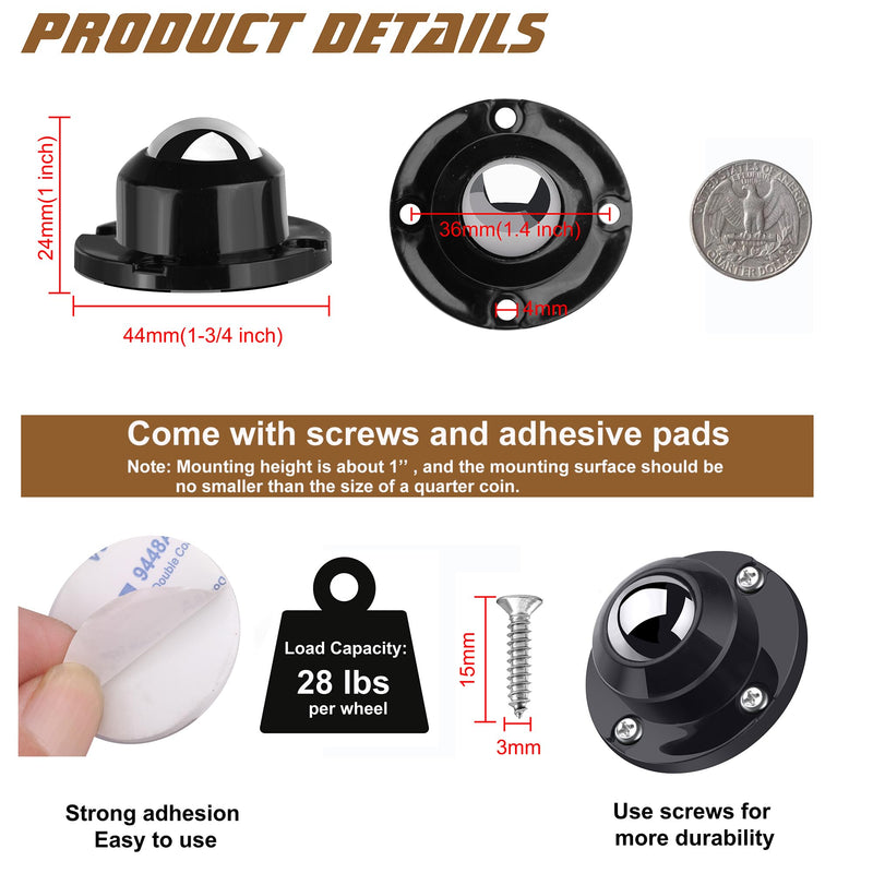 PlusRoc 12 Pack Self Adhesive Caster Wheels 1 Inch for Furniture Mop Bucket, Load Capacity 28LBS Per Wheel, Low Profile Swivel Wheels for Small Appliance Storage Bins Steel Ball 12.0
