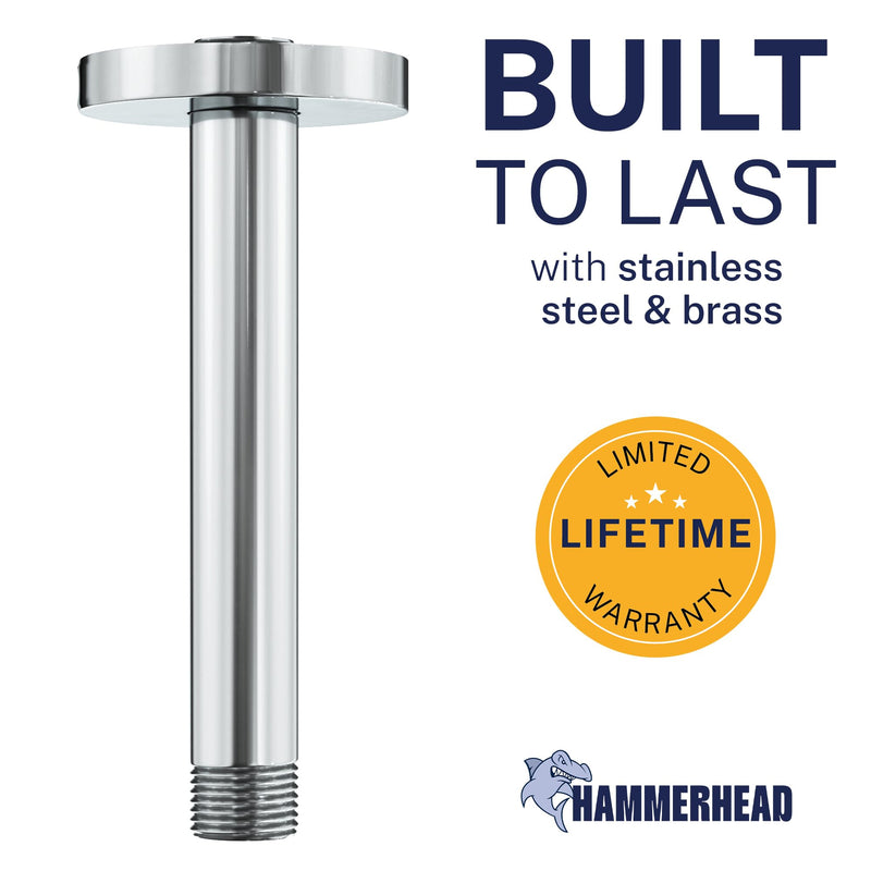 HammerHead Showers Solid Metal 6 Inch Ceiling Mount Shower Arm and Flange with Set Screw, Straight Shower Arm for Rain Shower Head, Ceiling-Mounted Rain Shower Arm, Chrome
