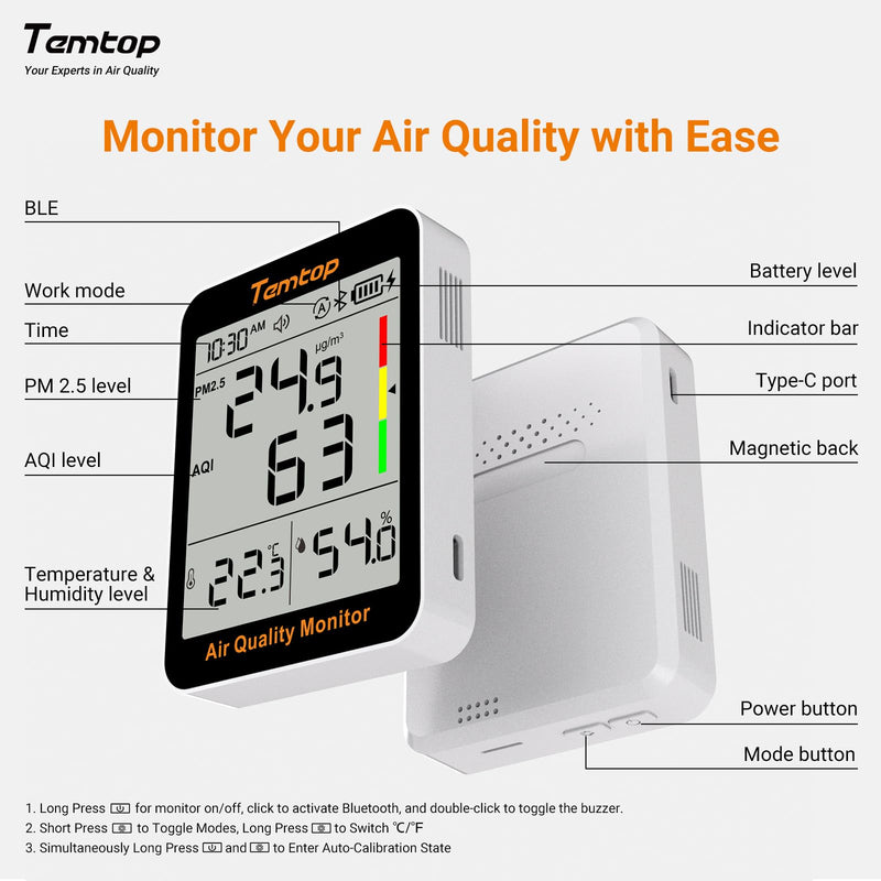 Temtop Smart Air Quality Monitor with Indoor Thermometer & Thermo-Hygrometer – PM2.5, AQI, Temperature and Humidity Detector for Home, Office, Nursery, School, App Connectivity, 60-Day Battery Life 2 Modes/Extended Standby/APP 1