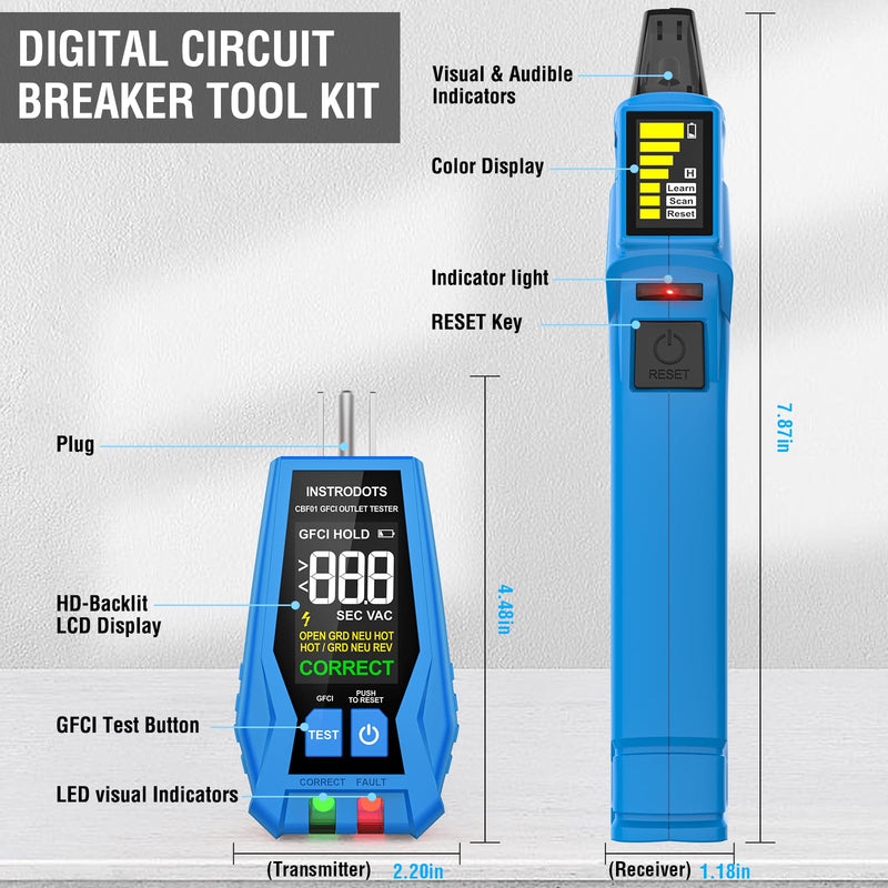 Circuit Breaker Finder, Digital Breaker Finder with GFCI Outlet Tester, AC 90-135V Electrical Circuit Tracer with Buzzer Alarm & Color LCD Display, Includes Batteries & Carrying Case Circuit Breaker Finder