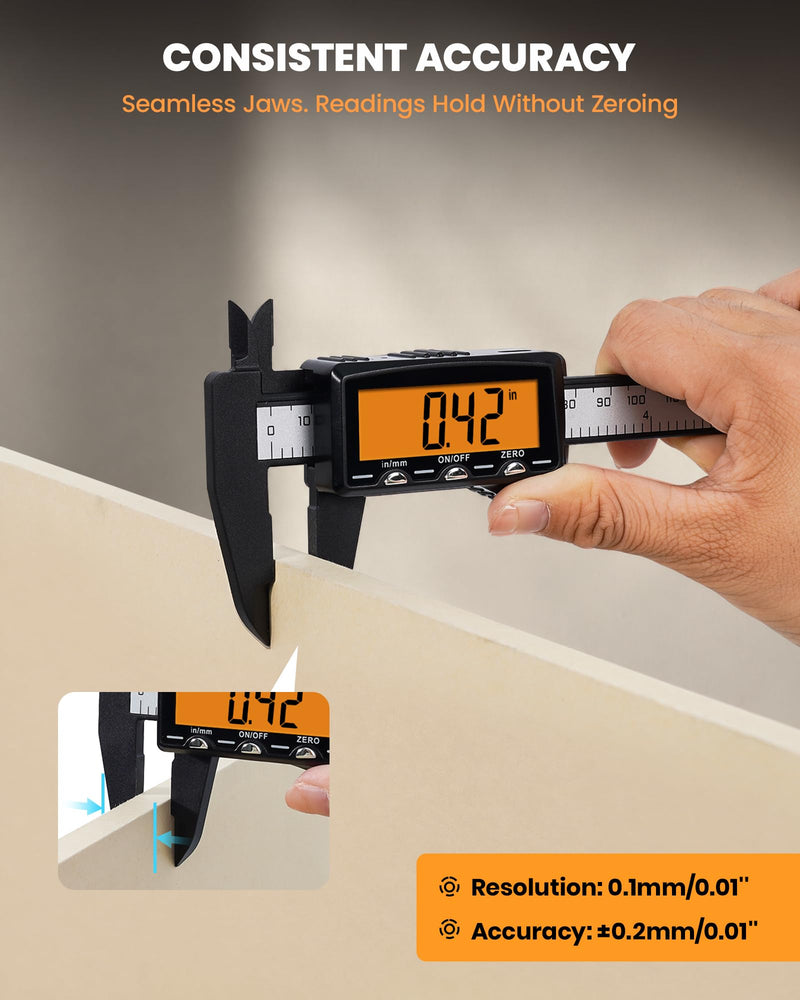 HARDELL Rechargeable Digital Caliper, 6" Plastic Calipers with Large Orange Screen (Non-Backlit), Inch/mm, Auto-Off Micrometer – Everyday Caliper Measuring Tool for Woodworking, DIY & Household