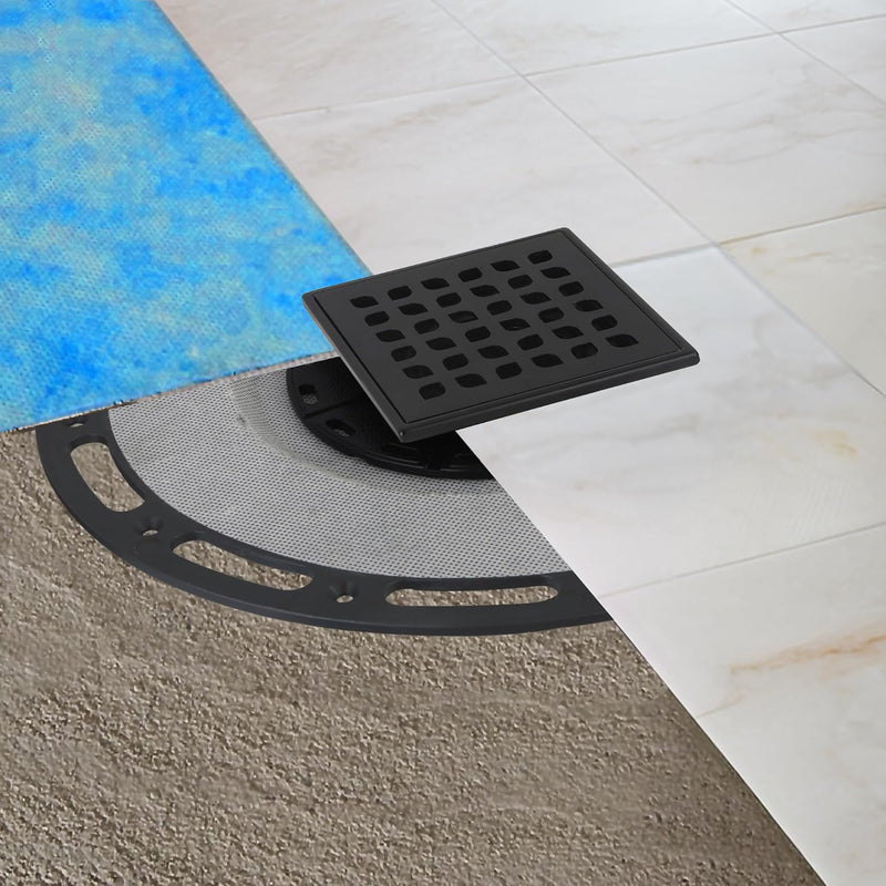 Square Shower Drain, 4-Inch Matte Black Kit with Bonding Flange, Removable Stainless Steel Grate & Hair Strainer, Fits 2" & 3" Pipes for Tiled Floors 4in-Black