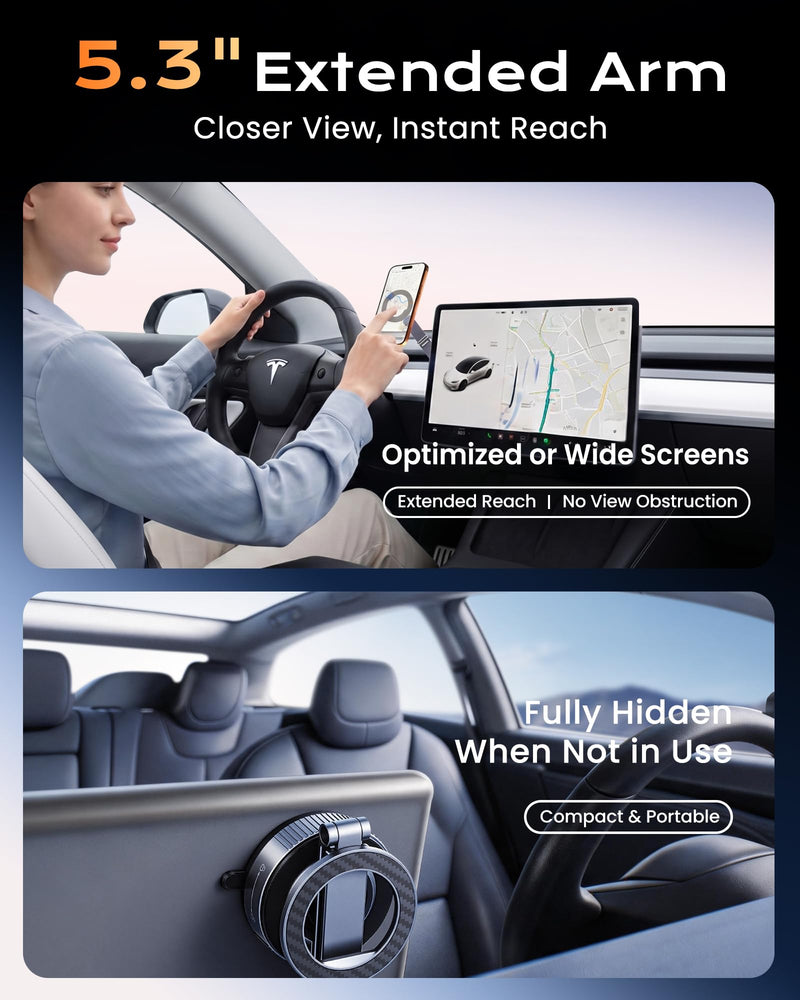 Magnetic Phone Holder for Car, 3-Axis Long Arm Mount for Tesla Model Y/3 | Foldable Washable Nano Gel + Vacuum Suction, Car Phone Mount for iPhone 17 16 15 14 13 12 Pro Max, MagSafe Cases, Dashboard Gray