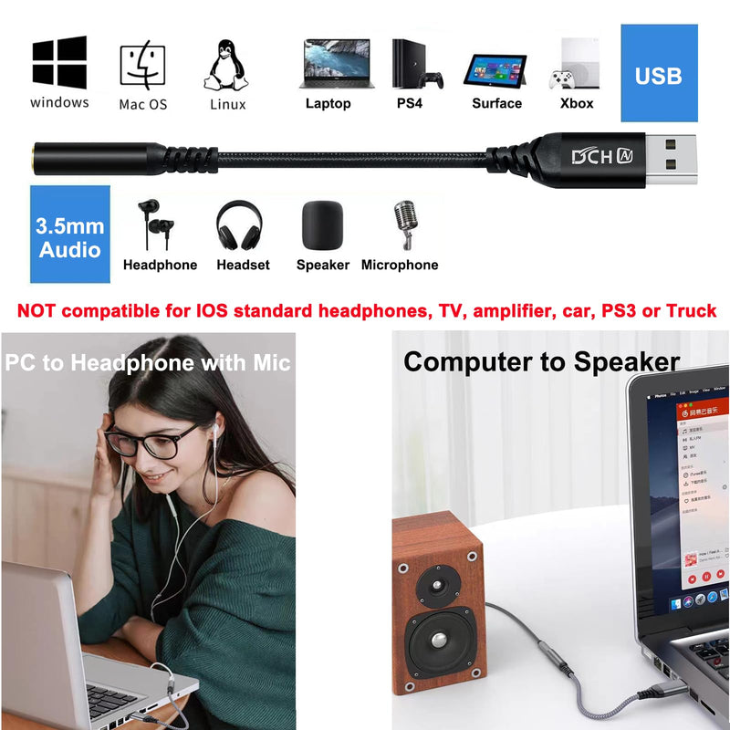 DCHAV USB to 3.5mm Jack Audio Adapter Headphone Microphone External Sound Card AUX USB Type A to 3.5 mm Cable 4 Pole TRRS Female Interface Line Control for PC Laptop Speaker Headset PS4 PS5, Black