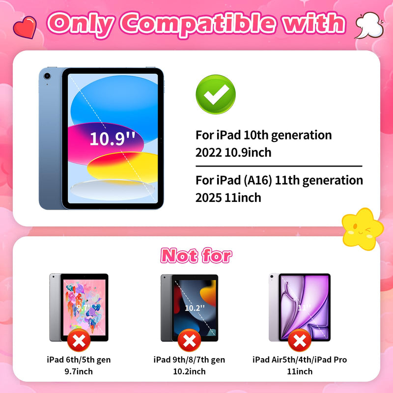 JAKPAK Kids Case for iPad (A16) 11th 10th Generation 11" 2025/10.9 in 2022 | Built-in 360° Rotating Kickstand, Double Handle, Cute Bow Leopard Print Soft Silicone Cover, Girly Kids Friendly, Pink
