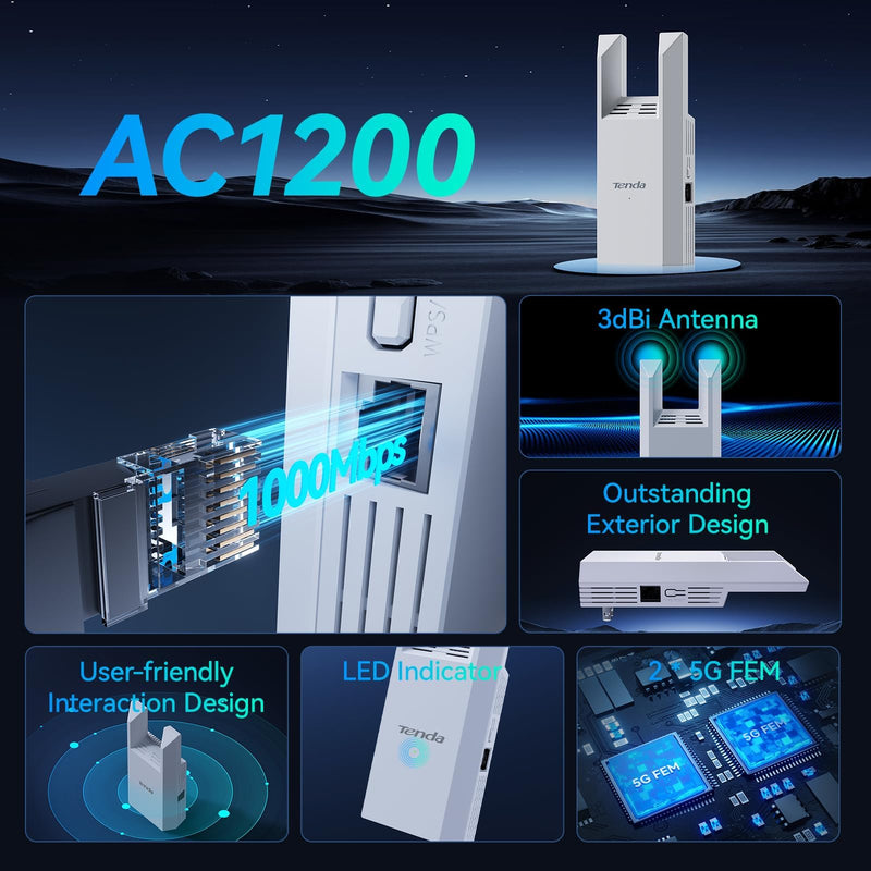 Tenda WiFi Range Extender AC1200 - WiFi Extender with Gigabit Ethernet Port, 1.2Gbps Home Signal Booster, Dual Band, Up to 1600 Sq & 32 Devices (A18Pro) A18Pro