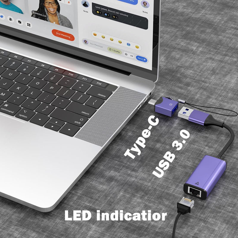 IVSHOWCO 2 in 1 USB to Ethernet Adapter, USB C 3.0 to Gigabit Ethernet Adapter LAN Network, 1000Mbps High Speed Network Port Compatible MacBook pro, iPad Air Pro, Laptop, XPS, Switch Purple.