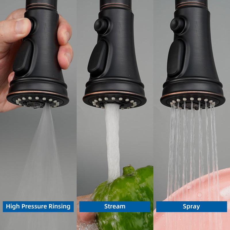 Hibbent Kitchen Faucet Head Replacement, NSF/ANSI/CAN 61 & CUPC Certified, 3 Function Pull Down Faucet Sprayer Nozzle - 15 Adapters Compatible with Moen, Delta, Kohler, Oil-Rubbed Bronze Stay on spray with hold button(common) Oil Rubbed Bronze