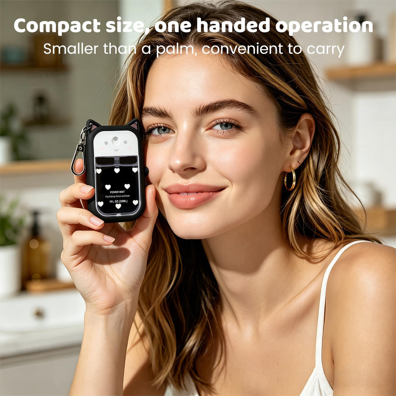 Cat Silicone Case for Touchland Hand Sanitizer Spray, Compatible with 1 FL Oz/30ML Power Mist & Glow Mist, Cute Travel Cover with Keychain & Charms (Black)