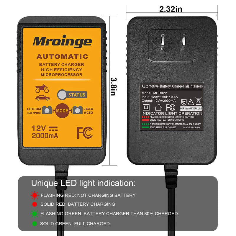 MBC022, 12V 2A Lead Acid & Lithium(LiFePO4) Automatic Trickle Battery Charger Smart Battery Maintainer for Car Motorcycle Lawn Mower Boat ATV SLA AGM Gel Lithium(LiFePO4) and More Batteries