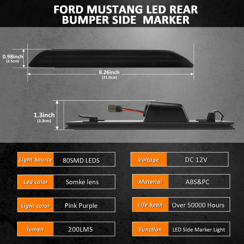 Bestview LED Side Marker Lights for Ford Mustang 2015-2023, Rear Fender Bumper side Marker Reflectors Lamps Kit Assembly,Somked Len 2PCS (Pink Purple) Pink Purple