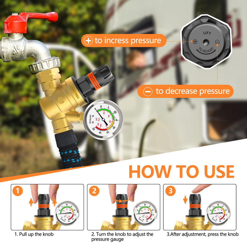 RV Water Pressure Regulator, Handle Adjustable Knob No Tool Required Pressure Regulator,Brass Lead-Free Water Pressure Reducer with Gauge for RV Camper Travel Trailer,Suitable for NH Thread stainless steel gauge