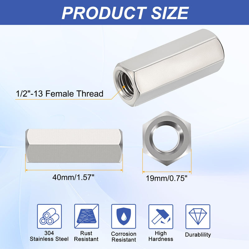 12Pcs Hex Coupling Nuts,1/2-13 UNC 40mm/1.57" Length, 304 SS | Rod Coupling Nut, for Threaded Rods & Studs 12 1/2"-13 x 40mm