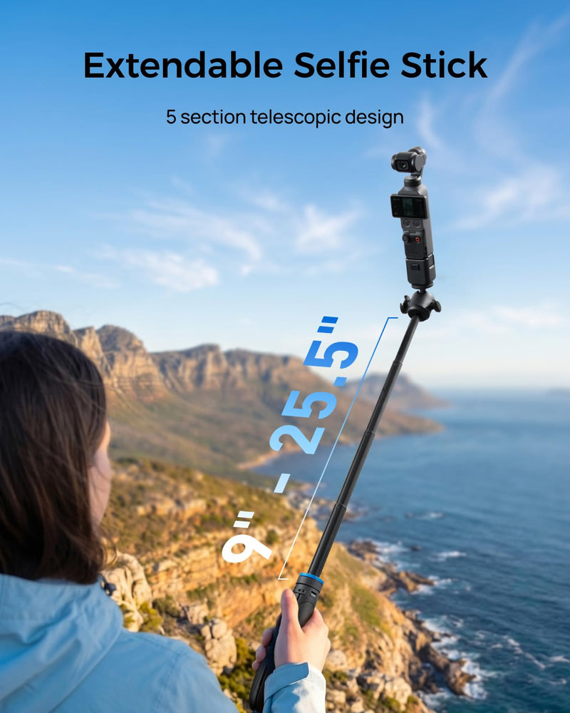TELESIN 0.1s Auto Open Mini Selfie Stick Tripod for DJI Osmo Pocket 3 4 | 65 cm/25.5in Tripod Compatible with Insta360 Luna Ultra Xtra Muse Action Camera Accessories, Cold Shoe Mount, 360° Ball Head 65cm Selfie Stick Tripods (1/4" Bolt Adapter)