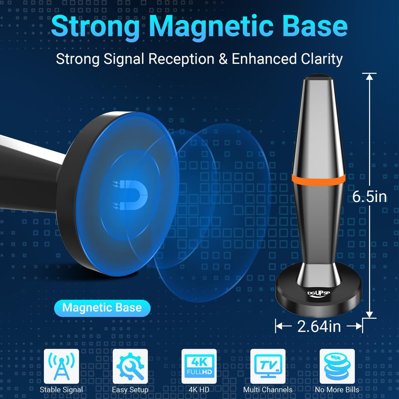 Digital TV Antenna for Smart Tv Indoor Antenna for Tvs Without Cable with Strong Magnetic Base, 360° Reception HD Antennas for TV Indoor 4K Supports Smart & Older TVs -10FT Long Cables