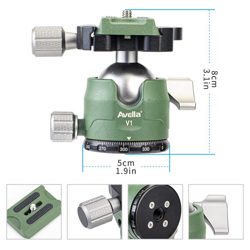 Avella V1 DSLR Camera Tripod Ball Head 38MM, 360 Degree Swivel,U-Shaped Groove Design, for Canon Nikon Sony Olympus Panasonic DSLR Camera-Green