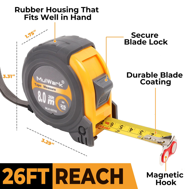 MulWark 25ft Metric Tape Measure, Measuring Tape Retractable, Easy Read Measurement Tape Both-Side Metal Blade, Magnetic Hook & Shockproof Case for Construction, Carpenter, Architect, Woodworking 7.9 m Red 1