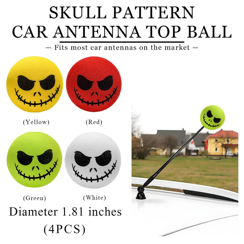4 PCS Car Antenna Toppers, Funny Halloween Skull Spooky Smile Car Antenna Areial Balls, Skull Smile Face Antenna Topper Exterior Decor Doll for Most Vehicles, Car Accessories