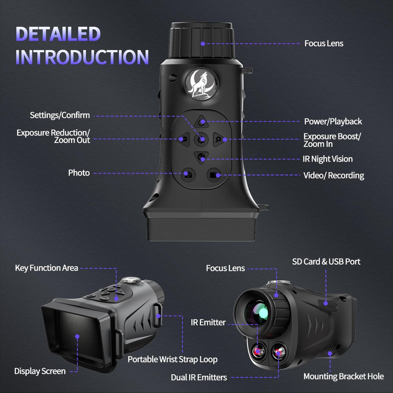Portable 4K Night Vision Monocular, 66MP Image Infrared Monocular with Dual IR, 3000mAh Rechargeable Battery, 32GB SD Card+ Card Reader Included, for Camping, Wildlife Observation& Security