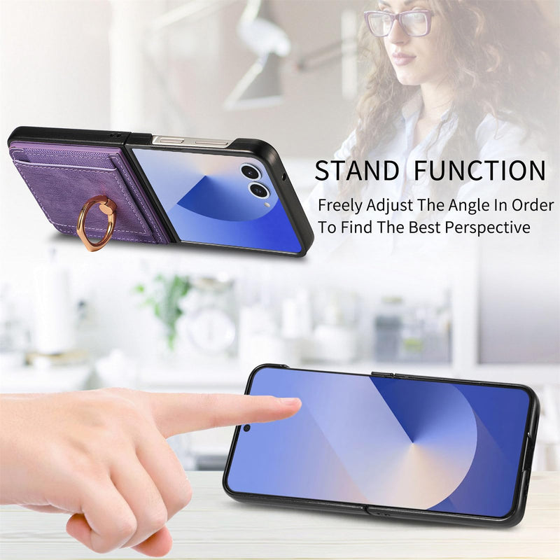 for Samsung Galaxy Z Flip 8 Wallet Case with Card Holder Purple | Credit Slots Built-in Rotate Ring Stand PU Leather Protective Kickstand Shockproof Cover for Women Men Girls