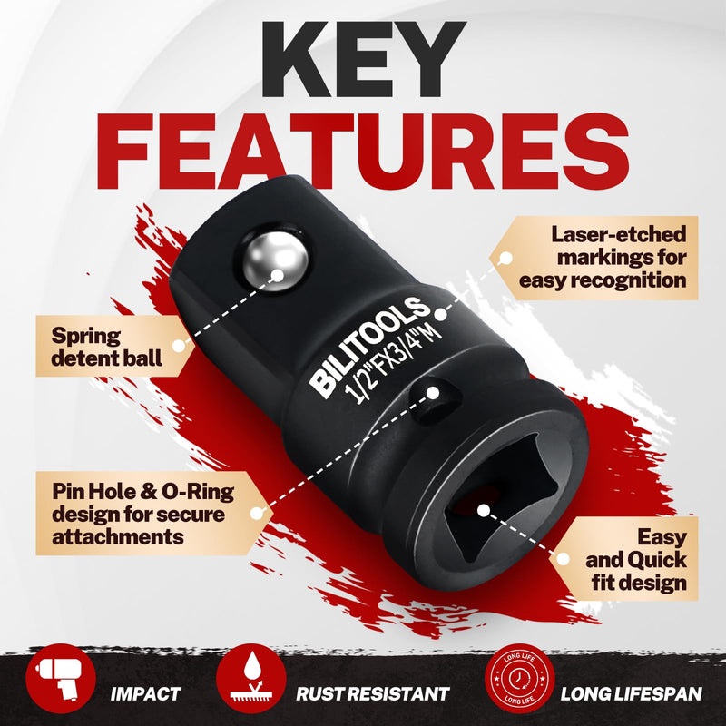 BILITOOLS Impact Socket Adapter 1/2" Female x 3/4" Male Increaser for 3/4" Drive Sockets & Using with Impact Guns Wrenches, Breaker Bars, Ratchets