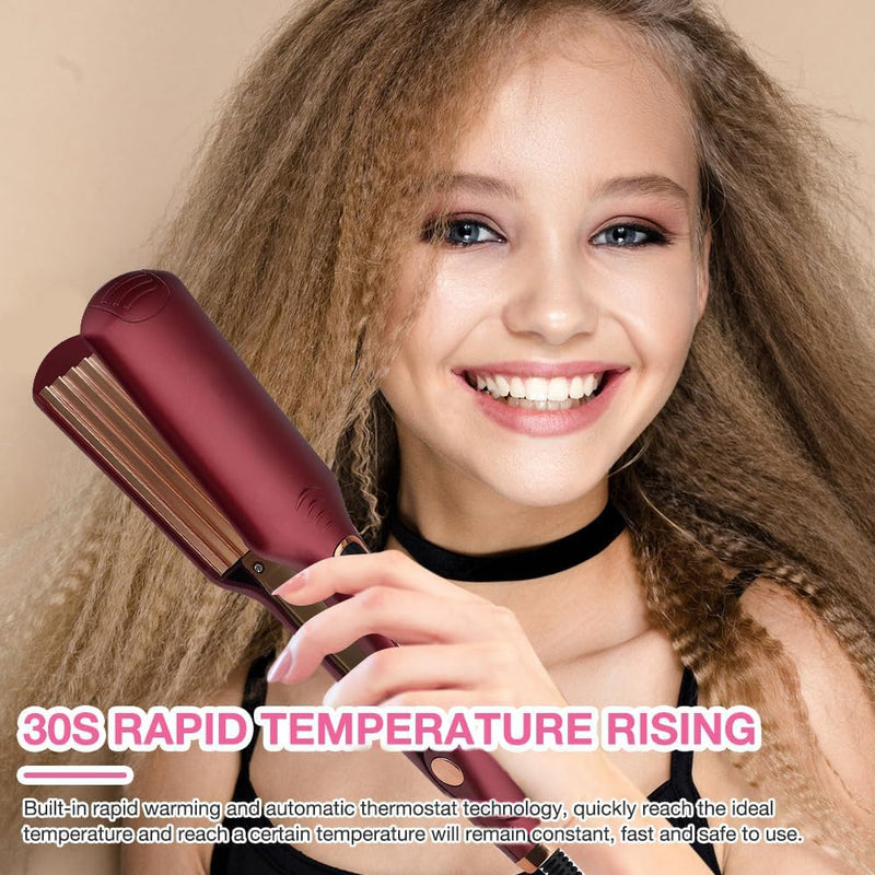 Hair Crimper for Women, Professional Crimper Hair Tool, Ceramic Crimper Wave Curling with 6 Adjustable Temperatures, Iron Wand Wet Dry Styling Tool for Fluffy, Corn, Perm, Waves, Straight Hair Red