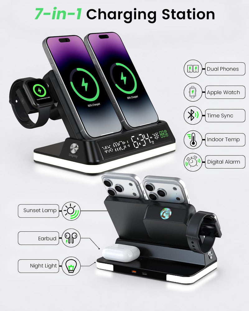 7 in 1 Wireless Charging Station with Auto-Sync Clock Sunset Night Light | Wireless Charger Stand for iPhone 17 16 15 14 Pro Max, Nightstand Charging Station for Apple Watch for AirPods, Indoor Temp