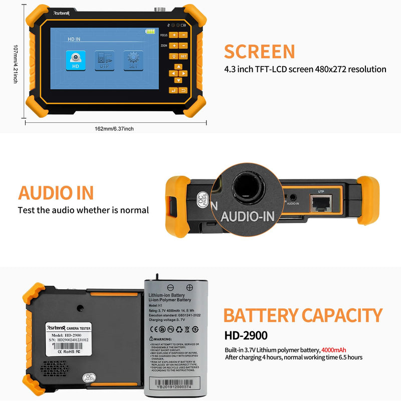 Rsrteng CCTV Tester Monitor Auto HD Coaxial Camera Tester 4K 8MP TVI/CVI/AHD/CVBS Analog Video Monitor 4.3 inch TFT-LCD Screen PTZ Control RS485 Call OSD Menu Audio DC12V Power Output Yellow