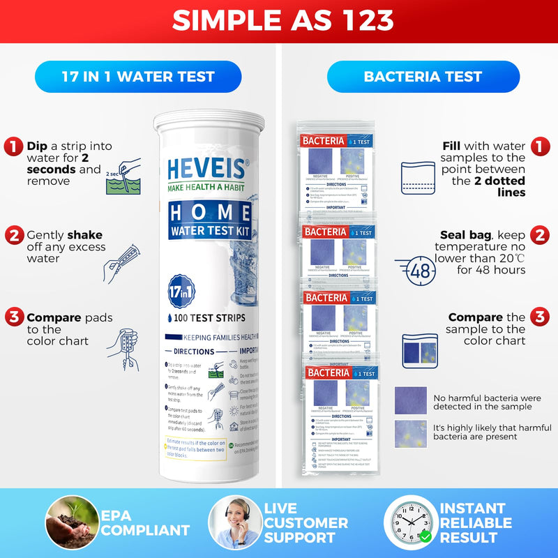 21-in-1 Home Drinking Water Testing Kit - 120 Strips + 4 Bacteria Tests - Tap and Well Water Test Kit, Easy to Test and Read for Hardness, Lead, Iron, Fluoride, pH, Copper, Bacteria and More Blue