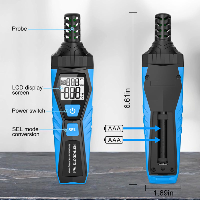 Temperature Humidity Meter - Handheld Thermometer Hygrometer with Ambient, Dew Point, Wet Bulb, High Precision Wet Bulb Thermometer, Dual Display Temperature & Humidity with LCD Backlight Blue TH10