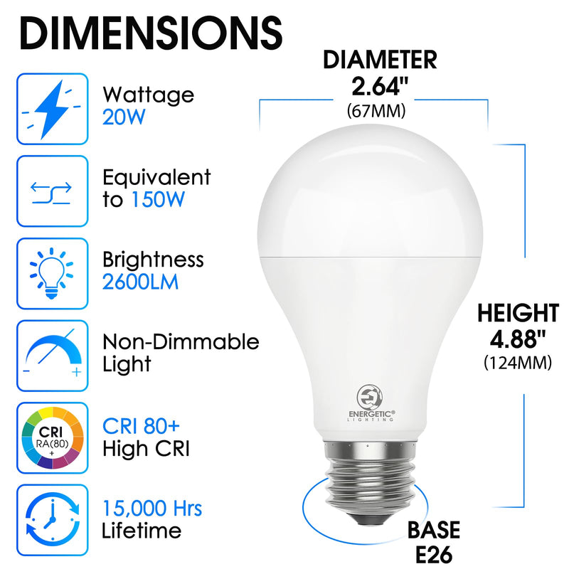 Energetic 6 Pack 150 Watt Light Bulb, 2600LM Super Bright, A21 LED Bulb, Daylight 5000K, High Lumens LED Bulb, Non-Dimmable, E26 Standard Base, Damp Rated, UL Listed