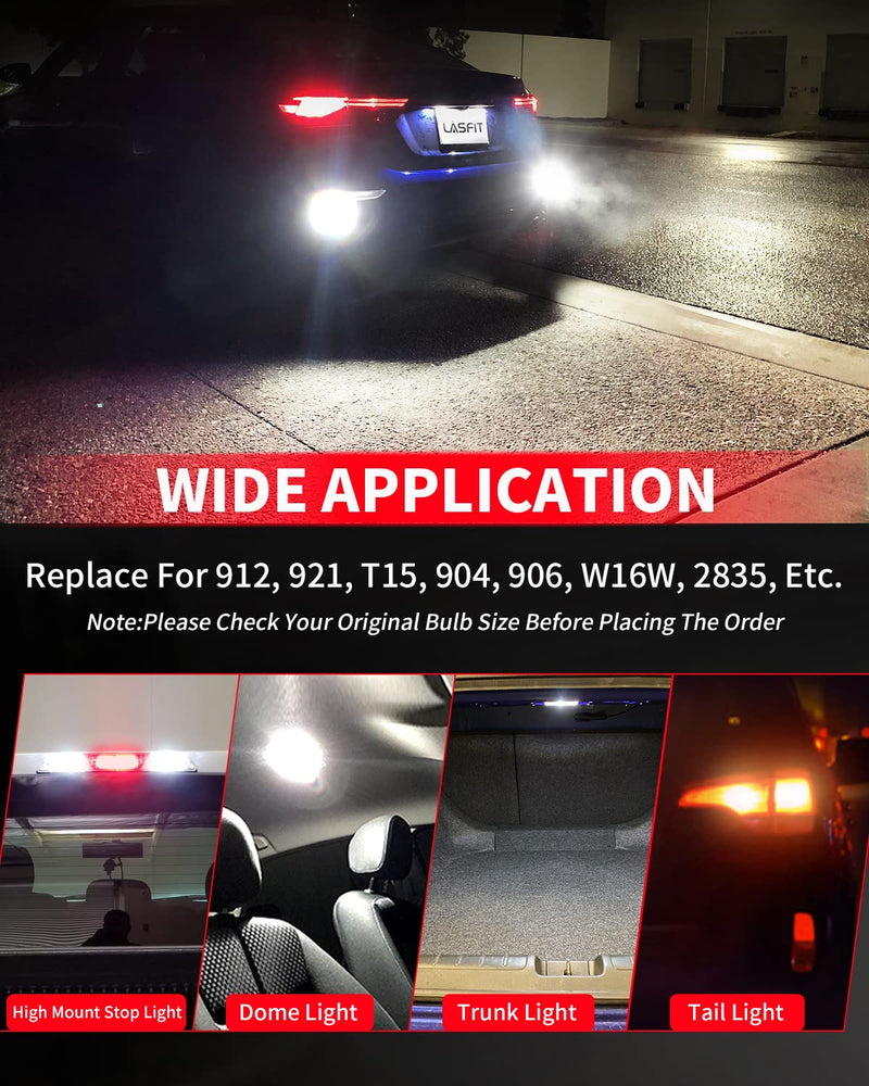 LASFIT 921 LED Bulb Reverse Light, 912 T15 6000K White Canbus Error Free W16W 906 904 Backup Replacement Cargo Lights For Car/Trunk, 300% Super Bright, Pack of 2 921/912/T15