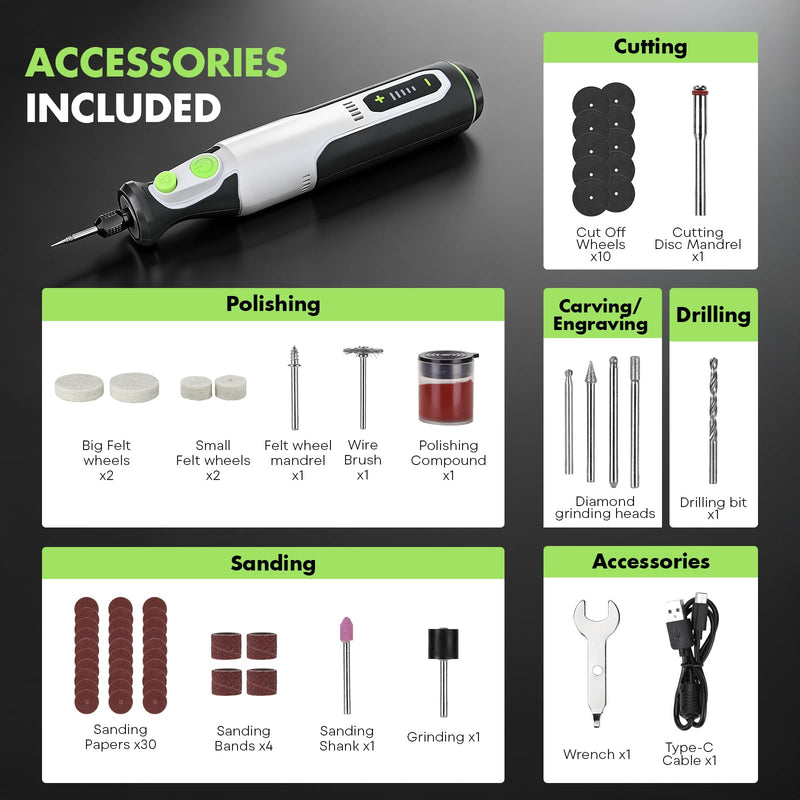Cordless Rotary Tool Kit Engraving Pen 5 Variable Speed 7.2V Powerful Rotary Tool 8000-31000RPM with 60 Accessories for 3D Printer Sanding,Polishing,Drilling,Carving DIY Crafts Rotary Tool Kit-60pcs