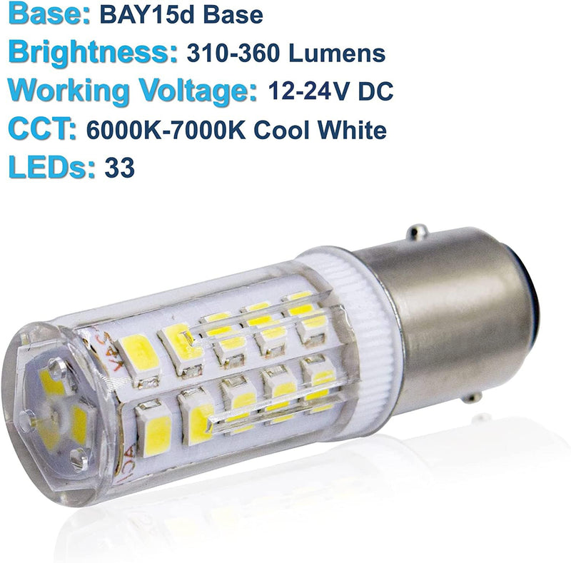 HQRP 2-Pack BAY15d LED Light Bulb Replacement for Ancor Marine Bulb 529340 529341 521158 521162 521166 529344 Double Contact Index Base, 33LED SMD2835 Cool White 12-24V DC Marine Navigation