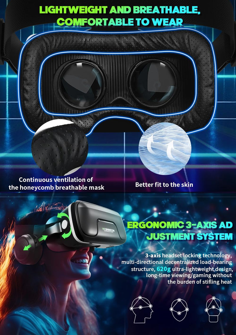 VR Headset for iPhone & Android, 120° Viewing Angle 3D Glasses with Aspherical Lenses & Headphone, Perfect for VR Videos and Mobile Games