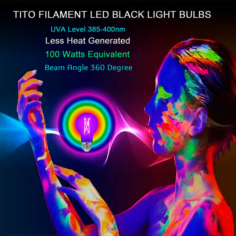 TITO 8 Pack E26 A19 Filament LED Black Light Bulbs, UVA 395nm 6W Blacklight Bulb 100W Equivalent, Black Light Bulb Glow in Dark Halloween Christmas Party Fluorescent Tapestry Poster Decor Body Paint