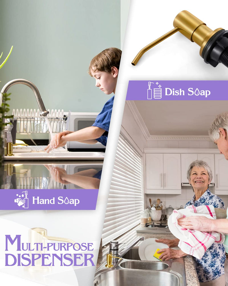 Soap Dispenser for Kitchen Sink Brushed Gold, Built in Stainless Steel Kitchen Soap Dispenser, Refill from The Top,in Counter Kitchen Sink Soap
