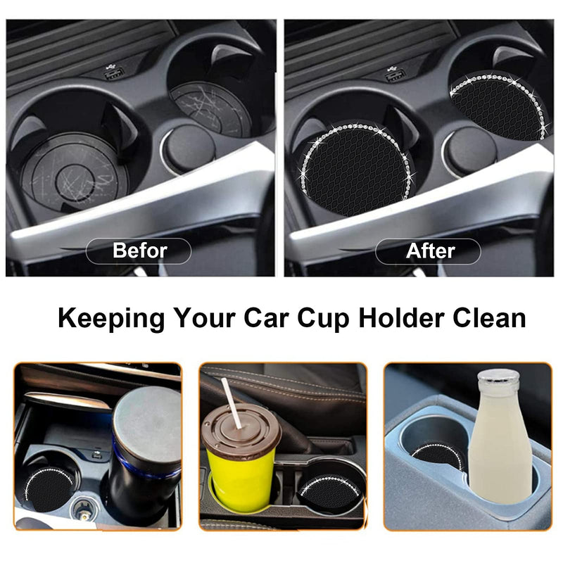 2PCS Bling Car Cup Coaster, 2.75 Inch Auto Cup Holder Insert Coasters Silicone Anti-Slip Crystal Rhinestone Drink Mat, Universal Vehicle Interior Accessories for Women Girls (Black) Black 2pack