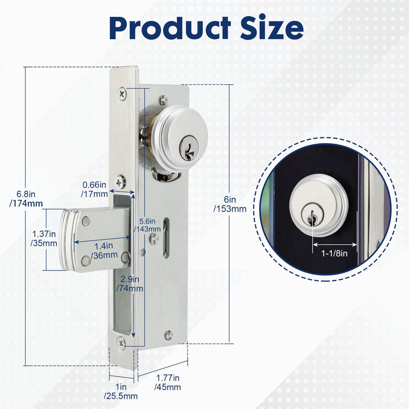MaxxGeek Storefront Mortise Door Lock Commercial Mortise Lock with Lock Cylinder Double Cylinder Deadbolt Lock Set (1-1/8" Backset) Aluminum