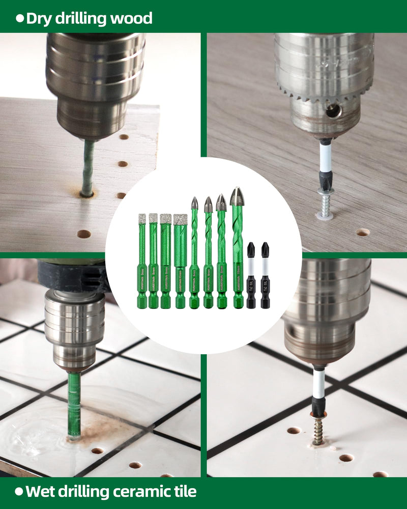 Diamond Drill Bits Set 12pcs, 3/16" - 3/8" Tile Drill Bit with PH2 Screwdriver Bit for Porcelain Tile Ceramic Stone Granite Marble, Quick-fit Hex Shank 5/6/6/8/10mm+5/6/6/8/10mm+Screwdriver 12