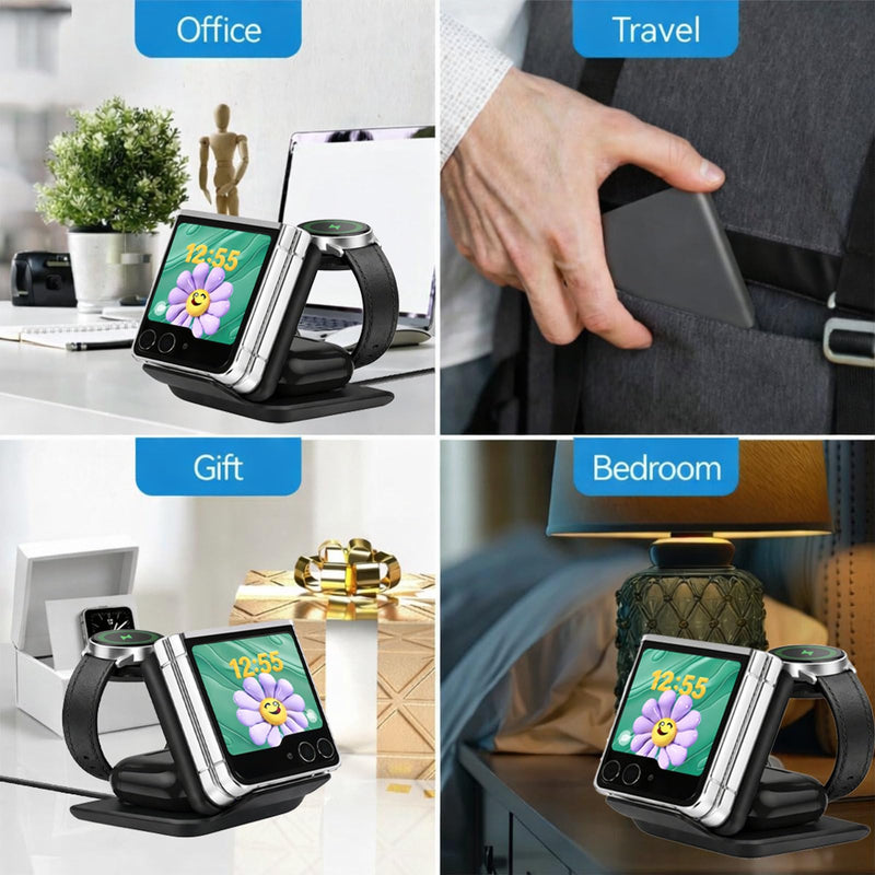Geyo 3 in 1 Fast Wireless Charger for Samsung Galaxy Z Flip 8/7/7 FE/6/5 | Foldable Charging Station for Motorola Razr Ultra 2026, Portable Travel Charger Stand for Phone, Galaxy Watch & Buds, Black