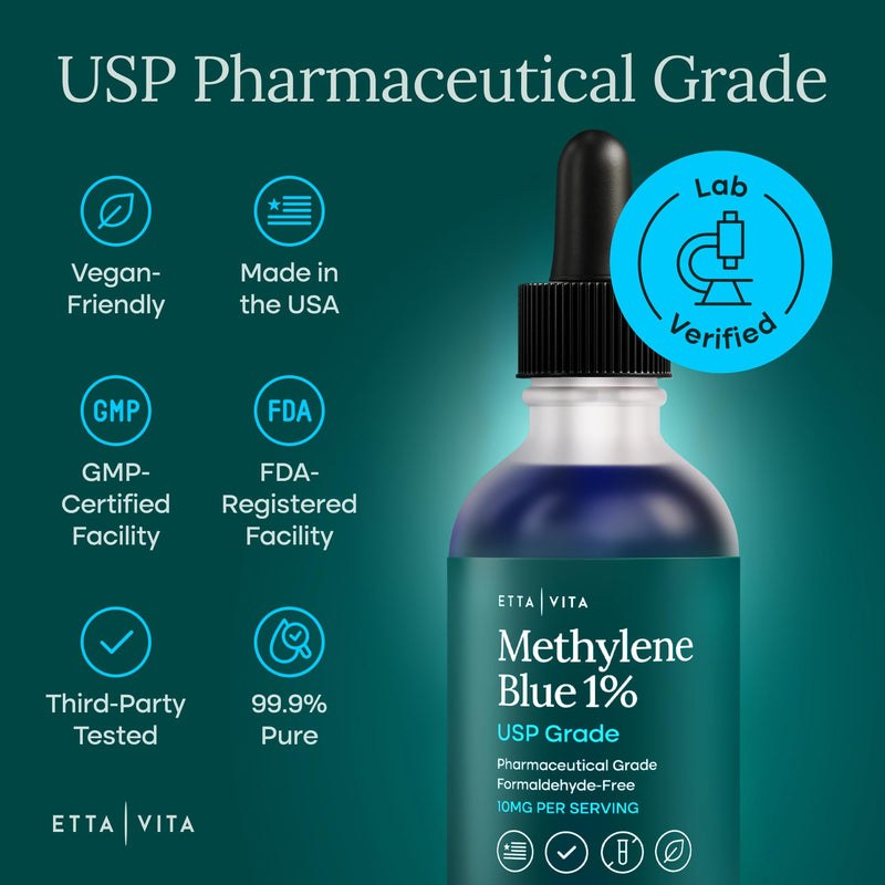 Methylene Blue Drops - USP Pharmaceutical Grade 99.99% Pure 1% Solution for Energy, Focus, Clarity, Cognition & Cellular Support - 3rd Party Tested, Formaldehyde-Free, Made in USA, 2oz Tincture