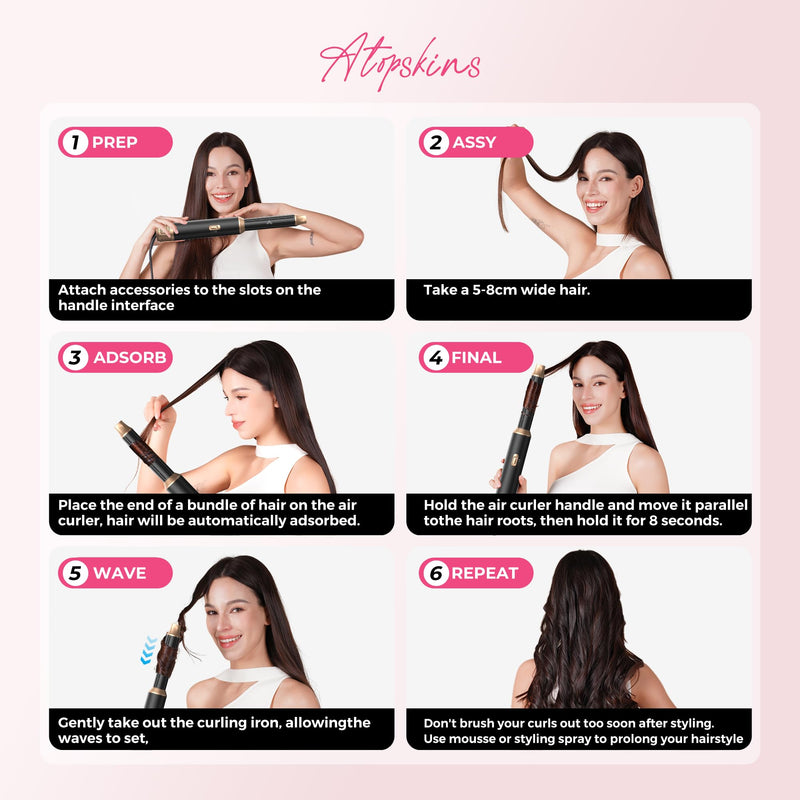 Atopskins Airbrush 5 in 1 Magic Styler Hair Styler 5 in 1 Airstyler 1000W | Hair Dryer Brush with Curl,Straighten,Volumise, Smooth and Hairdryer Brushes,Multi Gift, Curl, Straighten, Wavy, Smooth Black