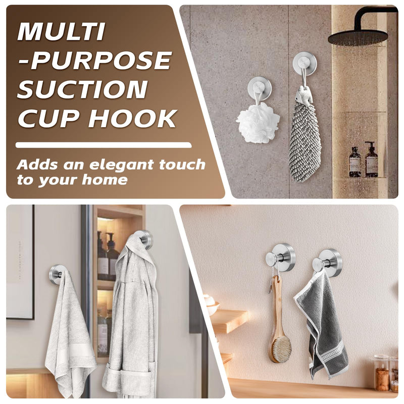 Suction Cup Hooks for Shower,Stainless Steel Towels Hook No Drill | Heavy-Duty Suction Hooks for Glass/Tile/Metal. Rust-resistant, Removable & Reusable for Home & Wreaths 2Pcs, Brushed Nickel 2