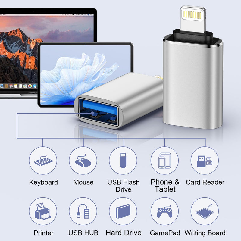 USB Male to USB C Female Adapter & Lightning Male to USB Female OTG Cable | Combo 4-Pack Connector Cable Adapter for iPhone 17e/17 Pro Max/16/15/14/13/12，Card Reader/Flash Drive/MIDI Keyboard//USB Disk
