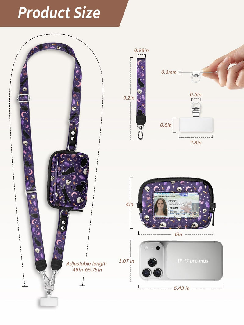 Clip and Go Strap for Phone with Wallet Crossbody Lanyard Goth Cat | Adjustable, Detachable RFID Wristlet Wallet, Cell Phone Wrist Strap, Travel Cruise, Key Zipper Card Purse, Women Teacher Gift Cats Skull Medium