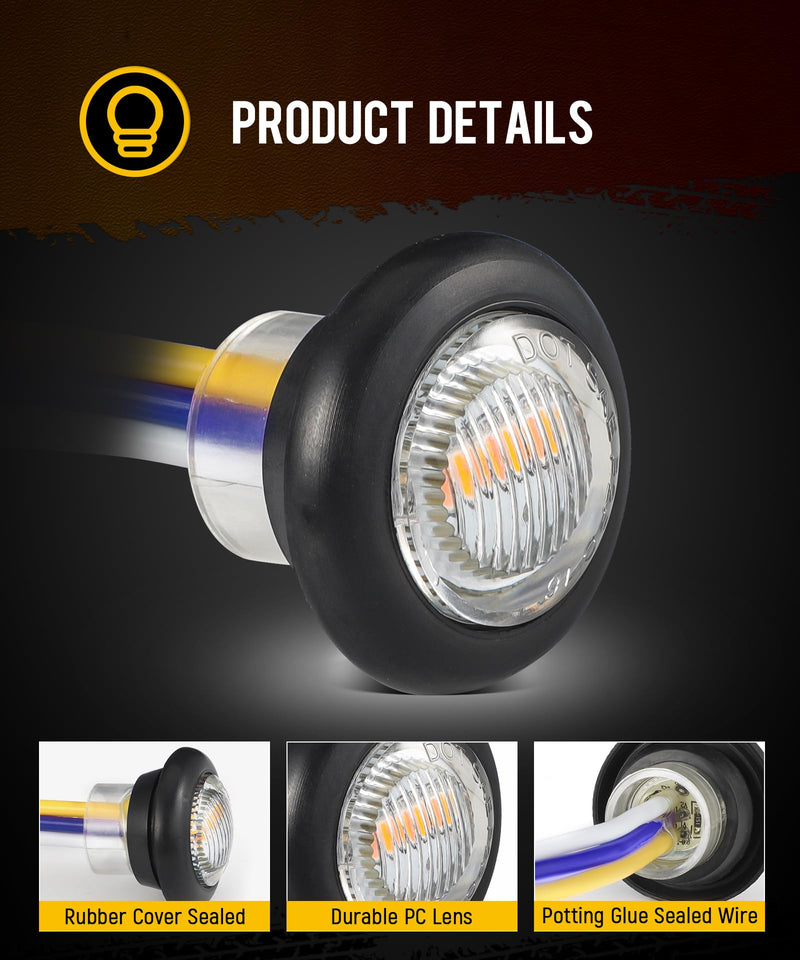 Partsam 10Pcs Dual Color 3/4" Round LED Marker Light Amber to White Auxiliary Light Side Marker DOT Approved Clearance Turn Signal Running Lights with Bullet Plug for Trailer Truck Pickup Camper RV Amber/White