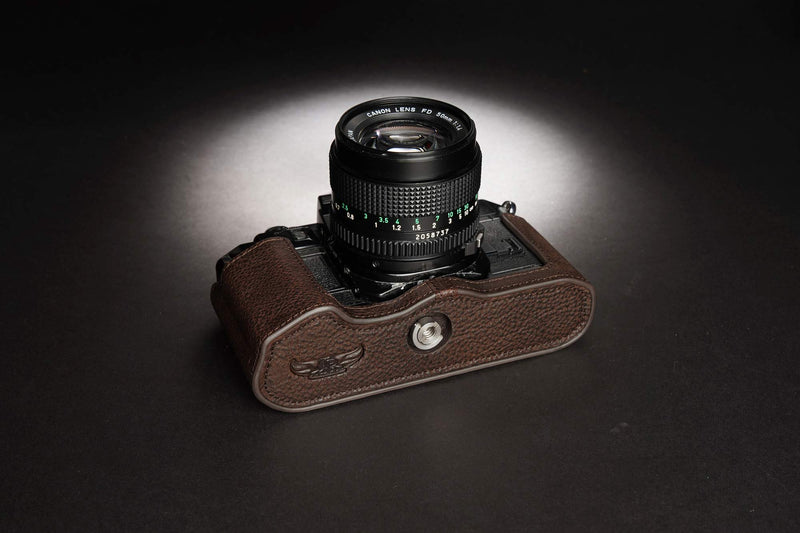 A-1 Case, BolinUS Handmade Genuine Real Leather Half Camera Case Bag Cover for Canon New AE-1 AE-1P A-1 (with Handle) Camera with Hand Strap (Coffee) Coffee