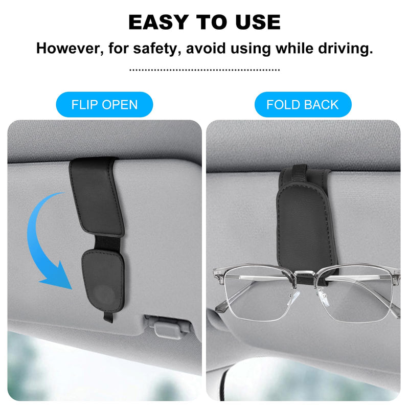 Teraves 2 Pack Sunglass Holder Clip for Car Visor, Upgrade Magnetic Leather Visor Sunglasses Clip, Easy to Hold Your Glasses Eyeglasses Solid Black