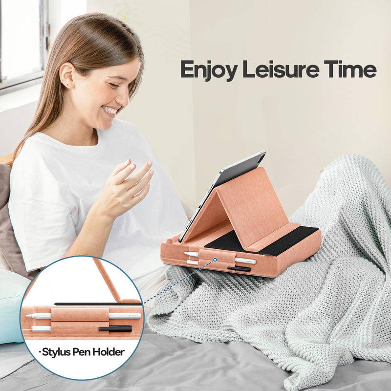 KDD Tablet Pillow Stand, Multi-Angle Viewing Ipad Holder for Lap, Bed and Desk, Foldable Soft Pad Dock with Stylus Mount Compatible with Ipad Pro 12.9, 10.5, 11, Air, Mini, Phones, Books, E-Reader Peach Fuzz